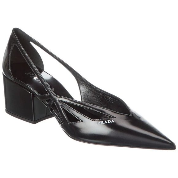 PRADA Runway Pointed Toe Cutout Cut Out Block Heel Brushed Leather Pumps - Picture 5 of 16
